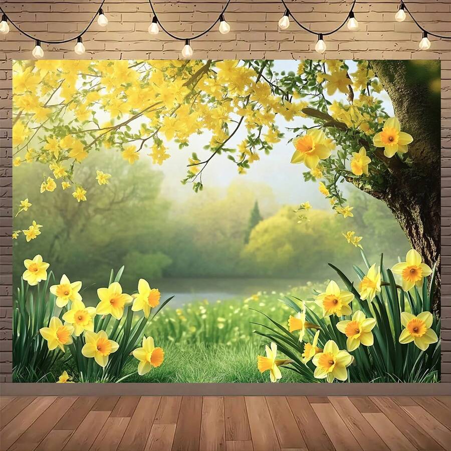 Pancarta de fondo con flores de narciso de primavera, material de poliéster, multiusos, sin necesidad de electricidad, adecuada para bodas, cumpleaños, fiestas de boda, Navidad, Halloween, Pascua, decoración de Acción de Gracias