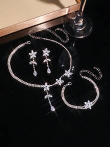 4pcs/Set Micro-Inlaid Zirconia Flower Necklace, Earrings And Bracelet, Fashionable And Elegant, Suitable For Women's Daily Commute, Campus Date, Wedding Party, Valentine's Day, Holiday Gift And Other Occasions - White - View 2