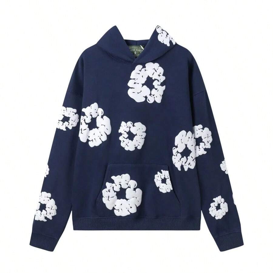 1pc Retro American Floral Foamed Print Hoodie Women's Fashional 350g 100% Polyester 3D Digital Printed Full Body Hoodie Sweatshirt Loose Winter Outerwear Fce Lined Couple Jaets Fall/Winter Spring/Fall Loose Pocket Rib-Knit Christmas Halloween - 藏藍色衛衣 - 查看 1