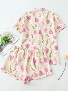 Bộ đồ ngủ 2 món tay ngắn in họa tiết hoa tulip cài nút phía trước cỡ lớn cho nữ, thoải mái khi mặc ở nhà, mùa hè, trang phục - Màu be - Xem 2