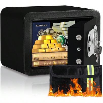 0.23 Cubic Feet   Box, Small   W/Fireproof Bag, Keys & Pass Code, Digital Electronic Security Money Box For Cash, Document, Home, Office, Hotel Use, Black, 6.69"D X 9.06"W X 6.69"H