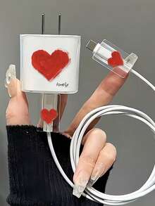 适用于苹果 18/20W 充电器适配器的 3 件套保护套，充电线头保护套 - 红色爱心图案、浅蓝色条纹图案、花卉爱心图案、波点小狗图案