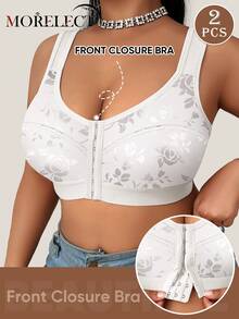 Morelect 2pcs/Set Plus Size Women Wireless Floral Print Front Closure Bras, Comfortable & Supportive For Daily Wear - Multicolor - View 4