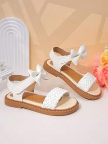 1 Pair Of Girls' Woven Bow Breathable PU Ankle Strap With Exposed Toes, Flat Bottom, Fresh And Cute Daily School Shoes - White - View 4