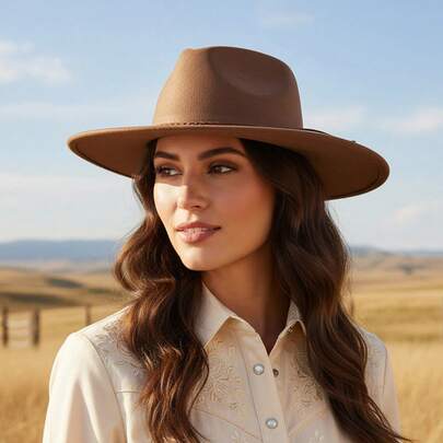 Sombrero de vaquera retro de gamuza para mujer y hombre, color liso, con borlas finas y ala ancha, estilo occidental para Ramadán