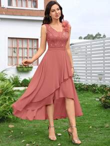 MIUSOL Vestido de noche largo asimétrico con escote en V profundo, sin mangas, con volantes y encaje con lentejuelas florales - Rosa vieja - Ver 5