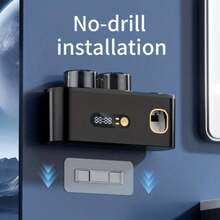 Smart Toothbrush Sterilizer (1 Unit) - USB Charging + Clock - 5-Slot Storage Brush Holder - Includes 2 Cups + Automatic Toothpaste Dispenser - Modern Bathroom Plastic Storage Rack For Dental Hygiene Essentials - 黑色(僅適用於光滑牆面) - 查看 3