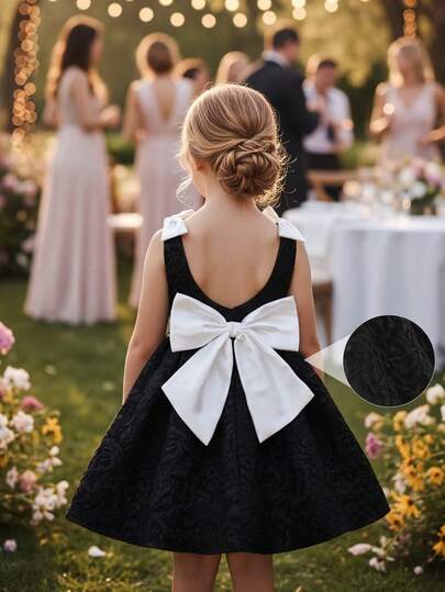 Vihyde 1pc Girls' Birthday Party Dress, Black Rose Texture, Bow Back Decor, Ruffle Collar, Puff Skirt