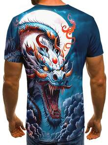 Men'S 3D Dragon Print T-Shirt - Vibrant Blue & Orange Digital Print, Casual & Stylish Fit, Comfortable Short Sleeve For Summer Outdoor Activities, Casual Summer Wear |   Vibrant Dragon Print |   Comfortable Fit - Màu hỗn hợp - Xem 4