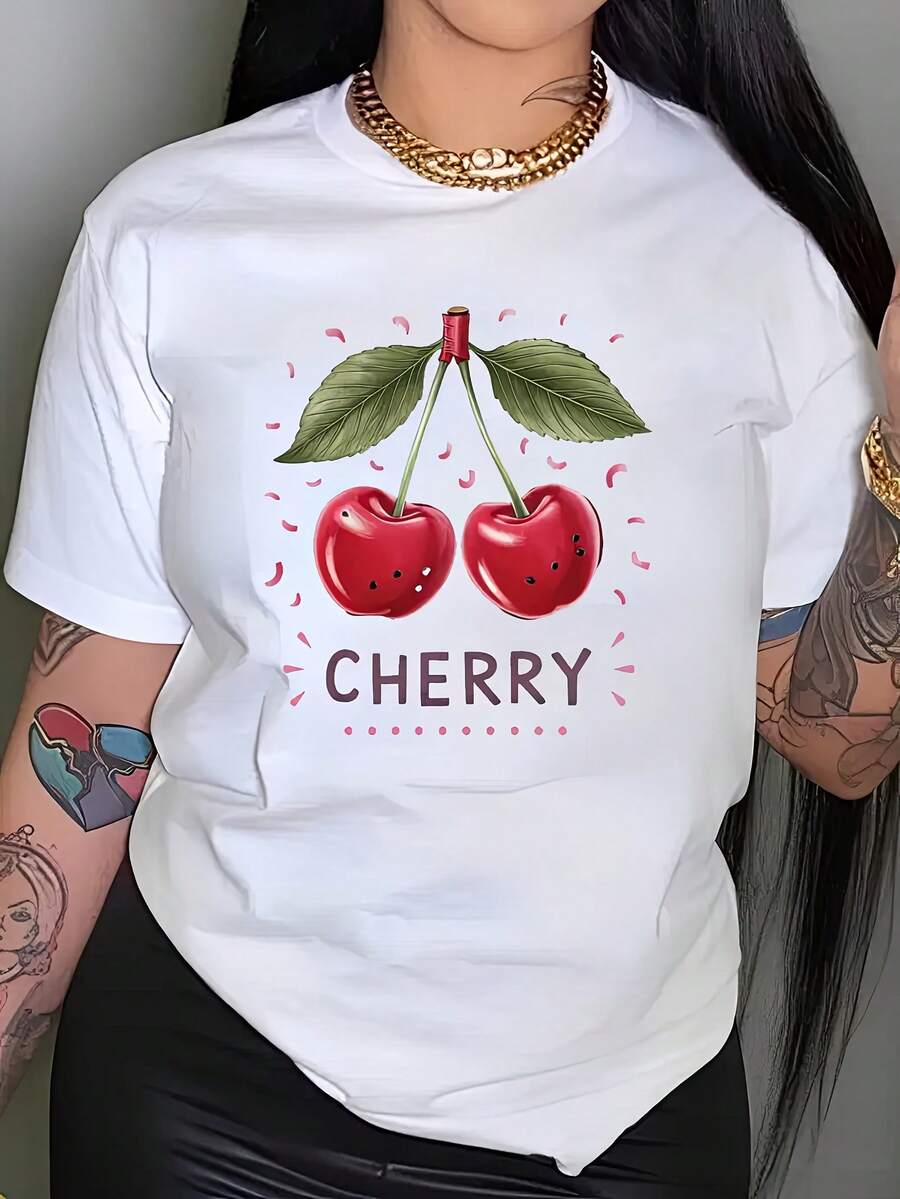 1pcs Women's Cute Cherry Pattern Printed T-Shirt, Short Sleeve Round Neck Casual Top, Summer Spring White Red Cherry Design, Machine Washable 180g - 100% Cotton Women's Casual T-Shirt: Perfect For Outdoor & Streetwear - 白色 - 查看 1