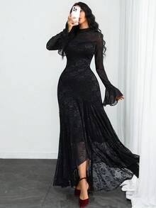This Elegant And Sexy Vintage Dress For Women Features A Small Stand Collar, Rose Lace Trim, A Double-Layer Hem, And An Asymmetrical Sleeve With A Cutout Petal Design. Suitable For Various Occasions Such As Holidays, Daily Wear, Dates, And Vacations. Black Spring - Black - View 2