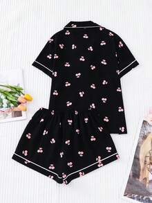 2pcs Plus Size Comfortable Cute Cherry Print Women Summer Polo Collar Button-Up Top And Bow Shorts Pajama Set, Suitable For Home Use - Black - View 2