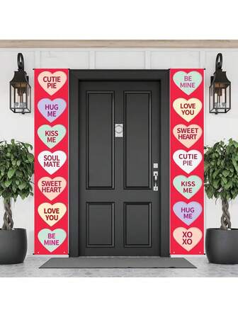 2pcs Dialogue Heart Themed Polyester Door Banners, Suitable For Entrance, Winter And Spring Celebrations, 100% Polyester Material