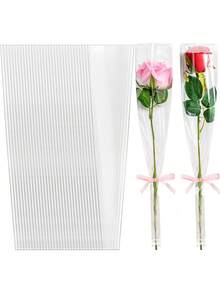 50个装 - 单支玫瑰花束包装袋，鲜花包装袋，单支鲜花包装纸，花束套装，母亲节，情人节礼物，婚礼（白色） - 無色 - 查看 9