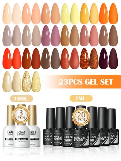 peacecolor 23PCS Nail Gel Polish Set With 10ML Base Top Coat, Orange Brown Glitter Soak-Off Gel Nail Polish, Matte Top Coat Long Lasting Manicure Supplies For Women DIY Salon Gifts
