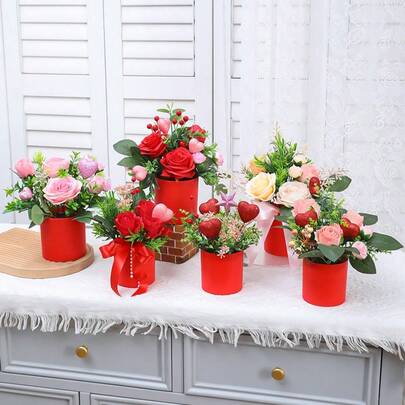 多款仿真红色盆栽玫瑰花卉盆栽，带心形装饰，节日家居装饰，情人节礼物，畅销款