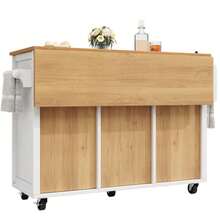 Kitchen Island, Kitchen Cabinet, Sideboard, 120x73(45)X93cm, Extendable Kitchen Trolley With Wheels, Towel Rail, Spice Rack, Adjustable Shelves, Two Doors, Four Drawers, White/Black - White - View 9