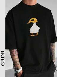 GRDR 남성 여름 패셔너블 캐주얼 아메리칸 스타일 오리 자수 라운드넥 반팔 티셔츠