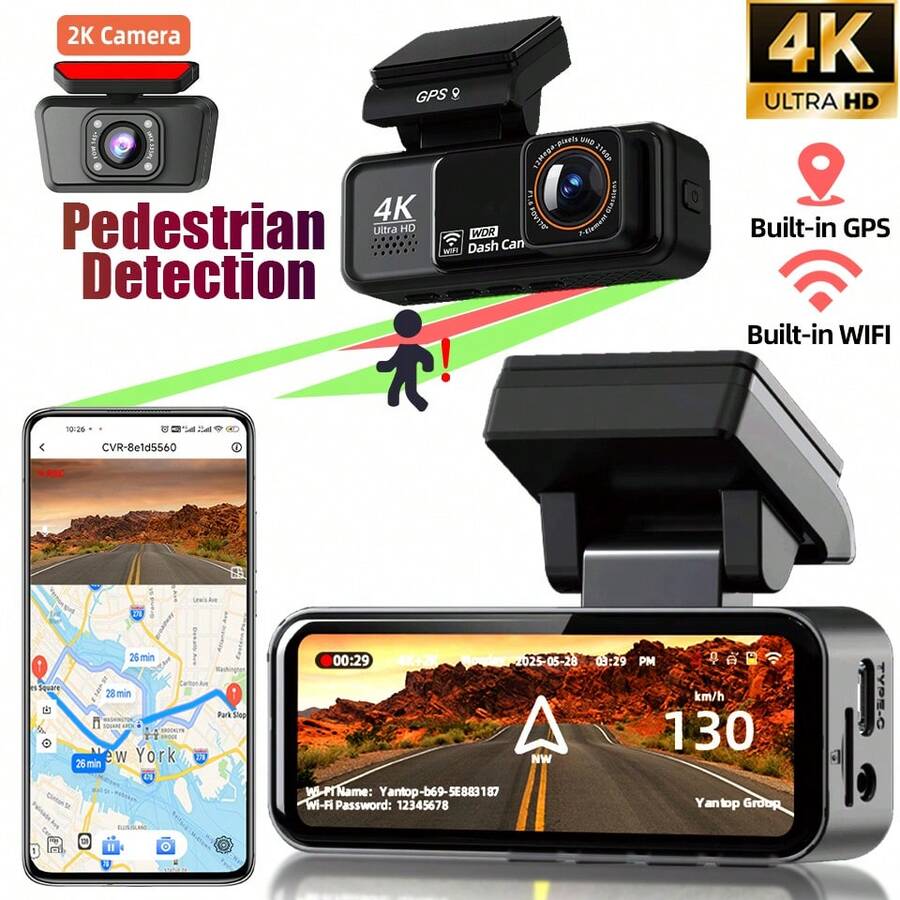 4K Dash Cam, 2160P Car Camera, Mini Dash Cam, 4K Front Camera + 2K Rear Camera (Optional), Built-In GPS And WiFi, 128GB Dash Cam Storage Card (Optional)