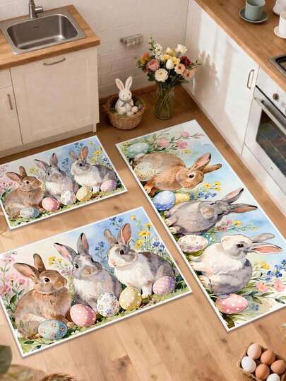 Alfombra de cocina para el piso de 40*60cm/50*80cm/40*120cm con diseño de conejo acuarela de Pascua, alfombra antideslizante para el hogar, decoración de vacaciones con tema floral y de huevos