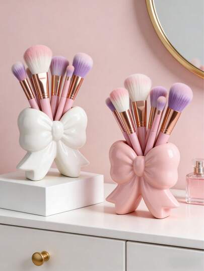 1 pieza Caja de almacenamiento de maquillaje con forma de lazo - Organizador de escritorio para brochas y útiles de oficina, diseño elegante para sujetar brochas de maquillaje, ideal para niñas, estudiantes y mujeres como decoración creativa