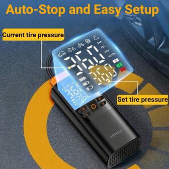 Compresor de aire portátil eléctrico - Accesorios para automóvil, inflado rápido a 150 psi con parada automática, bomba de aire inalámbrica de alta capacidad con batería. Bomba de aire inteligente con manómetro digital y luz de emergencia LED para motocicletas, automóviles, bicicletas y balones. Baterías de iones de litio de 11.1V/12V CC 2000mAh. (Cargar antes de usar)