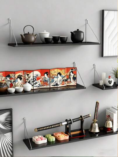 1pc Spacious Multi-Size (30cm/40cm/50cm) Modern Minimalist Wood And Metal Black/White Floating Kitchen Wall Shelf, Featuring Unique Bracket Details, Functional Storage For Spices And Cookware, Kitchen Organizer And Shelving Unit, For Everyday Cooking And Contemporary Kitchen Scenes