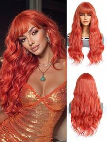 Tóc giả dài 26 inch màu cam cháy, xoăn nhẹ, có mái, được làm từ chất liệu sợi mờ chịu nhiệt cao, kèm mũ lưới hoa hồng, vẻ ngoài tự nhiên, thoải mái và thoáng khí khi đội, nhẹ, phù hợp cho các lễ hội âm nhạc và sử dụng hàng ngày. - Màu Cam cháy - Xem 2