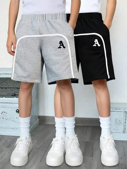 Boys' Casual Shorts With Gray, White And Black Color Blocking And Line Decoration, A-Line Silhouette, Simple Design, Comfortable And Fashionable For Daily Wear And Outdoor Activities