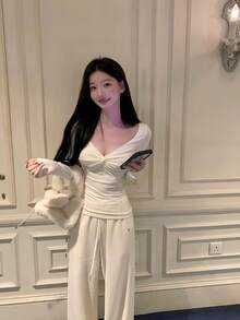 1pc Women Deep V-Neck Twist Knot Hem Long Sleeve Base Layer Top - White - View 8