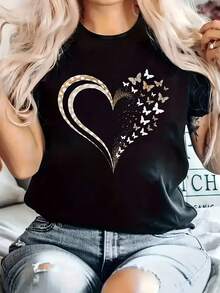 Fashion Women's Wear Short-Sleeved T-Shirt Love Design Knitted Fabric, Comfortable All-Season Top - Black - View 5