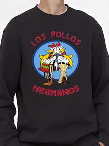 Men's Y2K Style Pure Cotton Crew Neck Sweatshirt Los Pollos Hermanos Cartoon Chicken Design Pop Culture Reference S To XL Long-Sleeved Round-Neck Sweatshirt Loose Fit Casual Sportswear Thick Fabric Very Suitable For Autumn And Winter Gifts High-Quality Men's Clothing - Negro - Ver 2