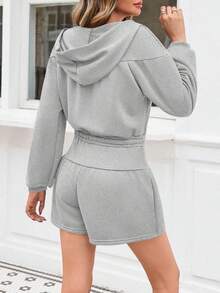 Women's Half Zip Hooded Romper Long Sleeves Drawstring Waist Shorts Daily Casual Jumpsuit Fall Clothes For Women - Grey - View 5