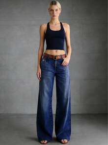 Ladies' Slim Fit Wide Leg Jeans (Dark Blue - High Waist Loose Straight Leg), Versatile For Daily Wear, Suitable For Family, Leisure, And Outdoor Activities, Suitable For Slimming Cuts From Teenagers To Adults, Simple Minimalist Design, Comfortable Full-Length Denim Pants.PLEASE ORDER ONE SIZE UP. - 深藍 - 查看 3