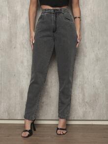 Women's Mom Jeans, 100% Denim, High Waist, On - Xám - Xem 3