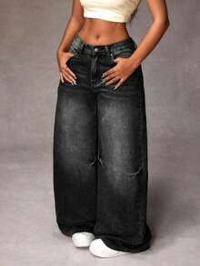 Women's Casual Denim Jeans (Couple Style - Wide Leg Fit), Suitable For All Seasons, Oversized Charcoal, High Waist, Full Length, Casual Outdoor Pants, Multi-Functional Daily Wear, Suitable For Family And Leisure, Slim Fit For Teenagers To Adults, Minimalist Design, Durable Denim Pants - 黑色 - 查看 6