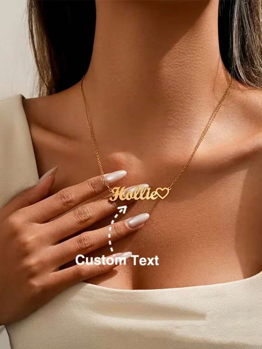 Customizable Minimalist Heart-Shaped Name Necklace, Personalized Stainless Steel Delicate Necklace, Available In Various Font Styles, Popular Jewelry For Women.