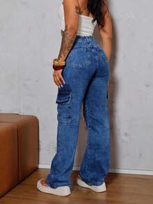 Women's Wide Leg Cargo Jeans - Rửa tối - Xem 4