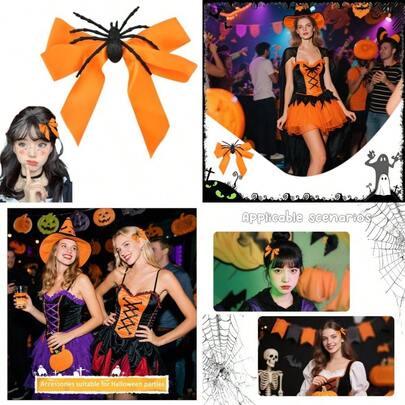 Big Halloween Hair Clips For Women Girls Gothic Bow Clips Punk Goth Hair Accessories Large Bow Barrette Clip Party Wear Hairclips Spider Festival Christmas Bows Clips Ladies Orange Bowknot Hairclip#Vent