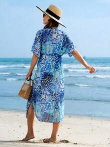 女士度假印花沙滩罩衫系带开衫防晒霜 - 彩色 - 查看 3
