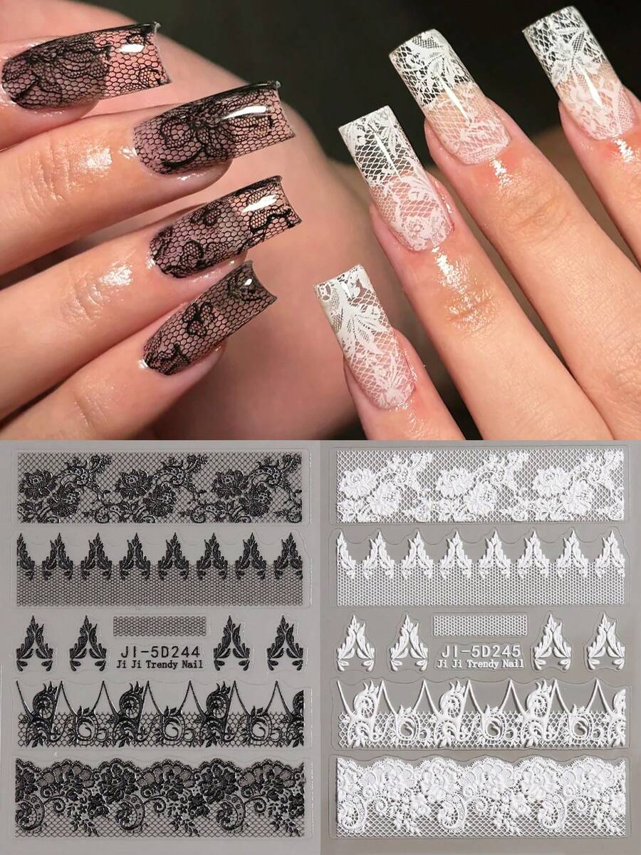 2片装黑白蕾丝美甲贴纸，花瓣造型，性感复古蕾丝美甲用品，DIY美甲装饰配件，婚礼设计，浮雕美甲贴花装饰 - 黑與白 - 查看 1