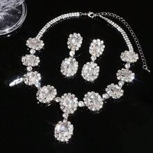 Bộ trang sức 2 món đính đá lấp lánh cao cấp, dây chuyền và bông tai, phụ kiện cô dâu thanh lịch. - Bộ 2 món kim cương hình oval lớn - Xem 3