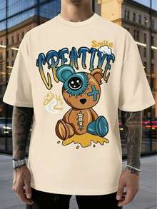 Men's Casual Cute Bear Print Round Neck Short Sleeve T-Shirt - White - View 1