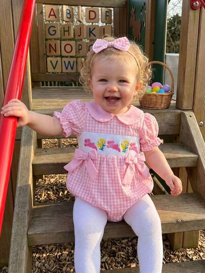 0-24M Newborn Infant Baby Girls Easter Rompers Cute Bunny Floral Embroidery Jumpsuits Plaid Print Smocked Bow Overalls Short Bubble Sleeve Doll Collar Pink Bodysuits With Pink Plaid Headbands 2 Pcs Outfits Baby Girl Summer Stylish Sets For Holiday Casual Daily Clothes