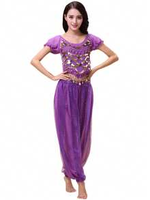 2pcs Women's Belly Dance Costume Set, Includes Short Sleeve Top And Harem Pants, Adult Practice Outfit - Multicolor - View 5
