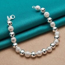 Pulsera de cadena con cuentas de 8 mm chapada en plata de ley 925 con acabado liso mate, adecuada para hombres y mujeres, apta para bodas, fiestas y otras ocasiones, accesorio de moda - Plateado - Ver 5
