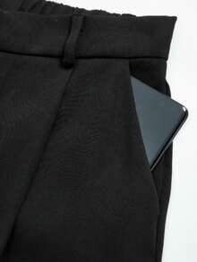 UREREM 女士黑色高腰褶裥宽松阔腿裤，210克梭织面料，优雅通勤春季之选 - 黑色 - 查看 4