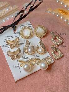 Bộ 5 đôi bông tai đính ngọc trai giả và pha lê kiểu dáng tối giản sang trọng, hình mắt mèo, vuông và nơ, giọt nước, phụ kiện trang sức thanh lịch cổ điển dành cho nữ, phù hợp để đeo hàng ngày và trong các dịp lễ hội. - Nhiều màu - Xem 7