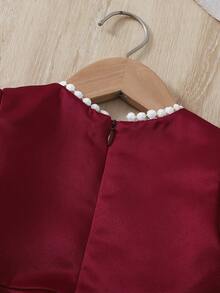 1pc Baby Girls' Beaded Decor Round Neck Puff Sleeve Short Dress, Suitable For Spring/Summer - Burgundy - View 6