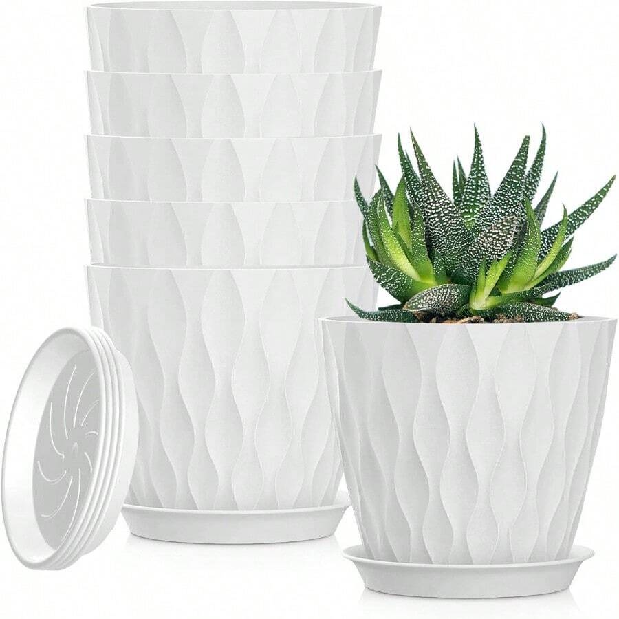 Inch Plant Pots 5 Pack, Flower Planters With Drainage Holes And Trays, Plastic Pots Indoor Outdoor Plants, White - 白色 + 5英寸 - 查看 1